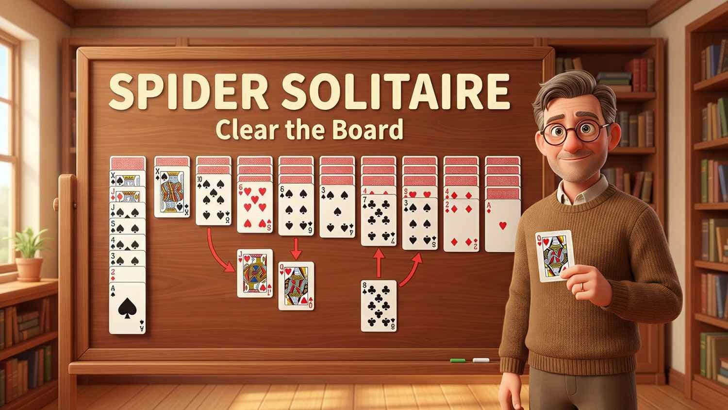 How to play Spider Solitaire with cards arranged on the board and gameplay example