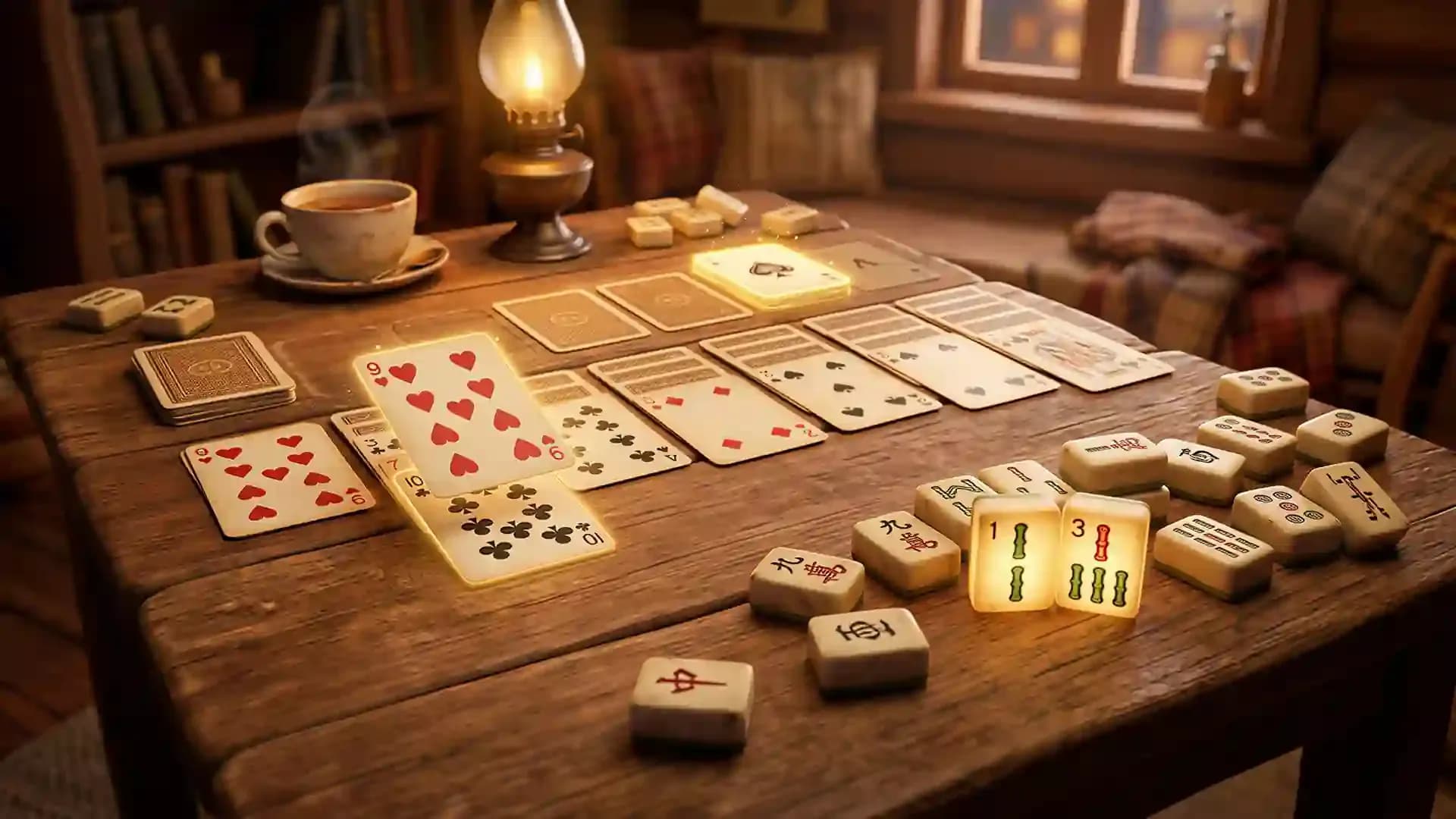 Solitaire cards and Mahjong tiles placed on a wooden table with a cozy lamp showing classic card game and puzzle gameplay