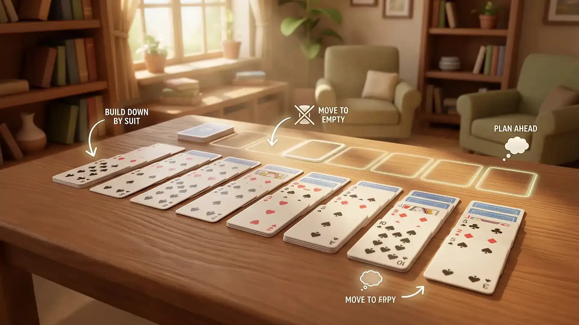 Forty Thieves Solitaire tableau setup with same-suit building and empty column rule illustration